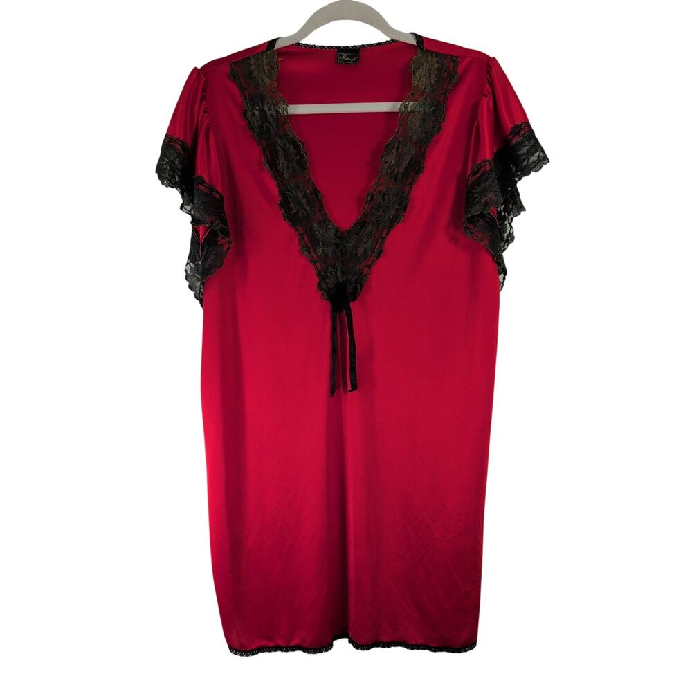 Vintage Stroke of Midnight Red with Green Lace Nightie, Size Medium